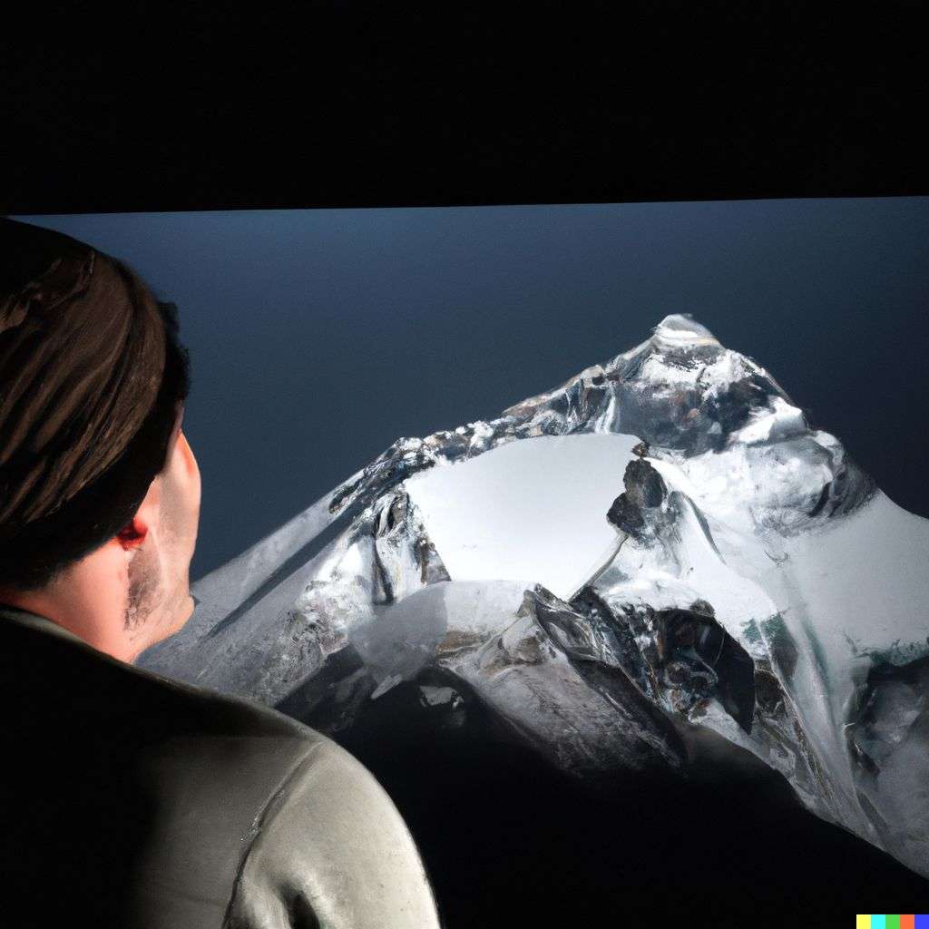 someone gazing at Mount Everest, photograph, studio lighting